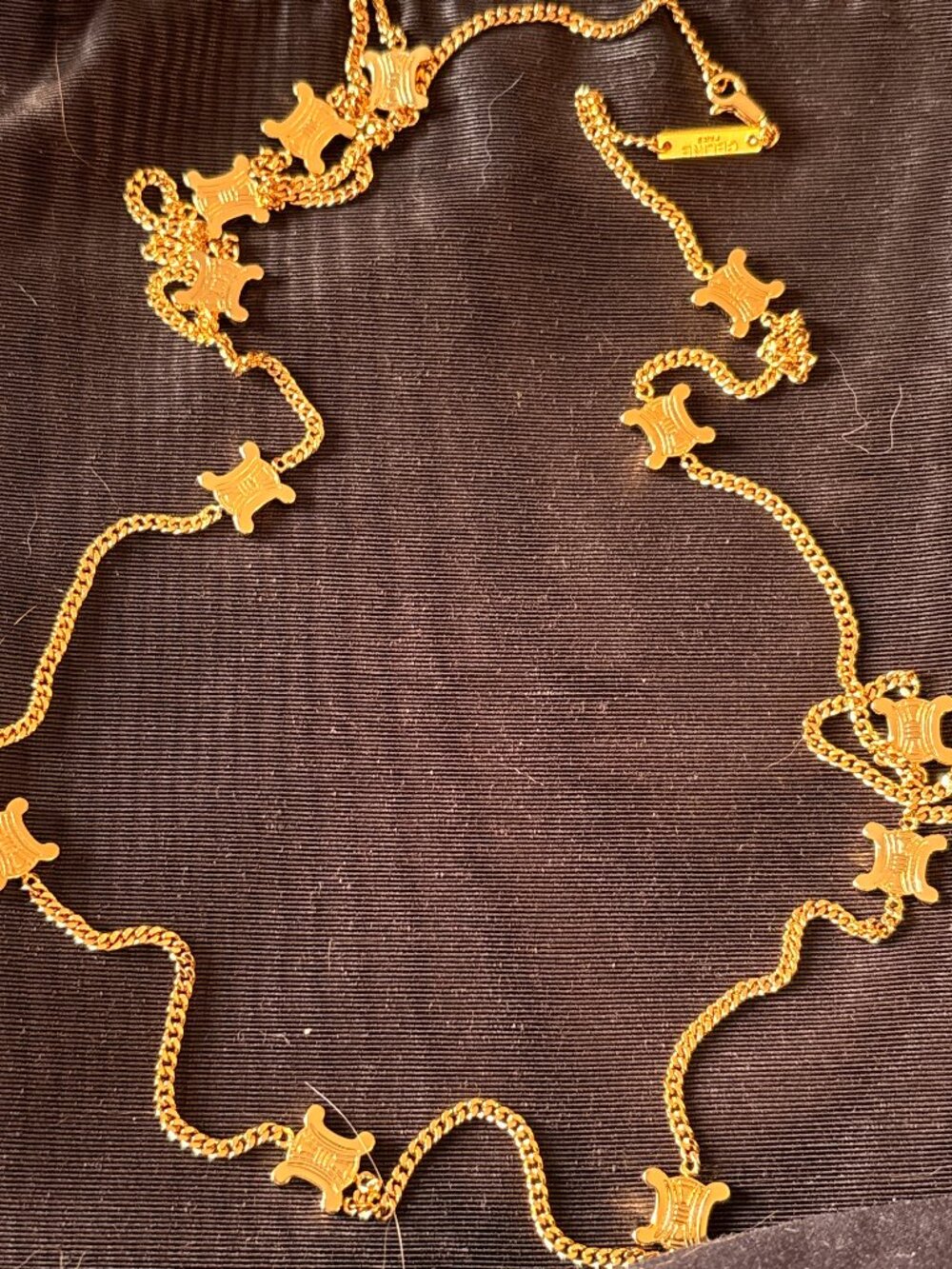 Celine Paris Triomphe Charm Long Necklace Gold Tone Logo Chain